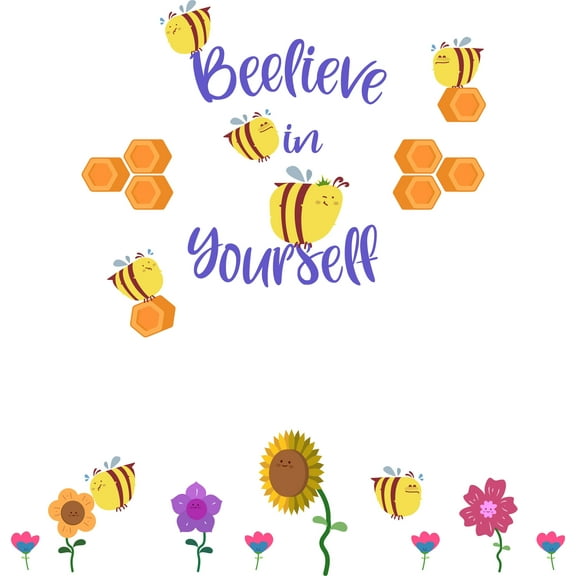 BUMBLEBEE & BEEHIVE - Beelieve In Yourself - Home Living Room Inspirational Quotes Lettering Art Decor Bees Honeycomb Multicolored Flower Removable Kids Bedroom Vinyl Wall Decal Sticker 23" x 30"
