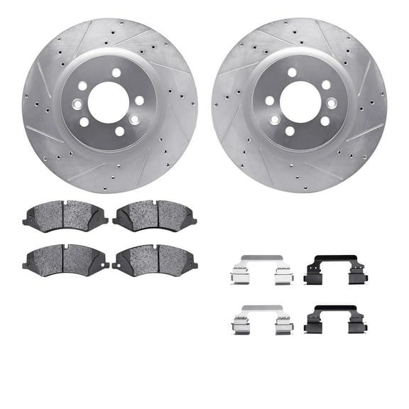 Dynamic Friction Company Front Brake Rotors-Drilled and Slotted-Silver with 5000 Euro Ceramic Brake Pads includes Hardware 7612-11009