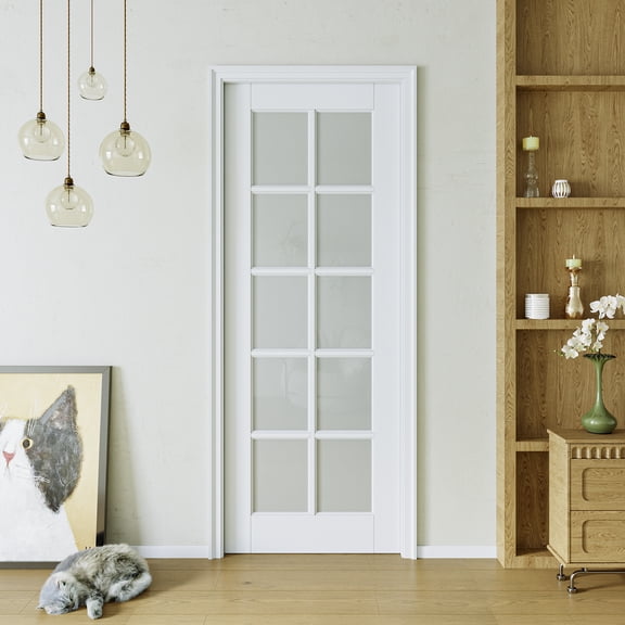 24" X 80" Interior Pocket Door 10-Lite Frosted Glass Sliding Pocket Door Primed White Sliding Door With Hardware Kit Set
