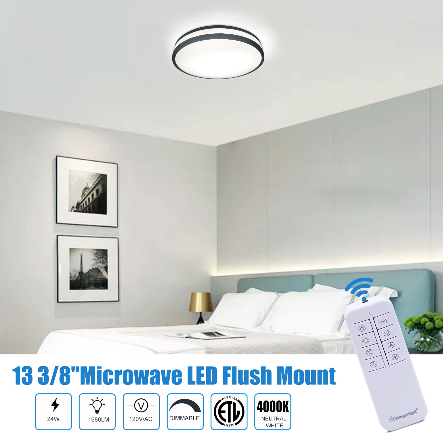 Modern Microwave Motion Sensor LED Flush Mount Ceiling Light Fixture With Remote Control, 13-Inch Round  Dimmable Ceiling Lamp,  For Kitchen, Living Room, Bedroom, Garage,  Hallway,  4000K Cool White