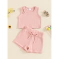 thumbnail image 2 of Nygoyerh Toddler Little Girls Summer Ribbed Outfits One Shoulder Double Straps Sleeveless Tank Tops with Drawstring Shorts 2Pcs Kids Solid Color Short Pants Sets 6M-4T, 2 of 8