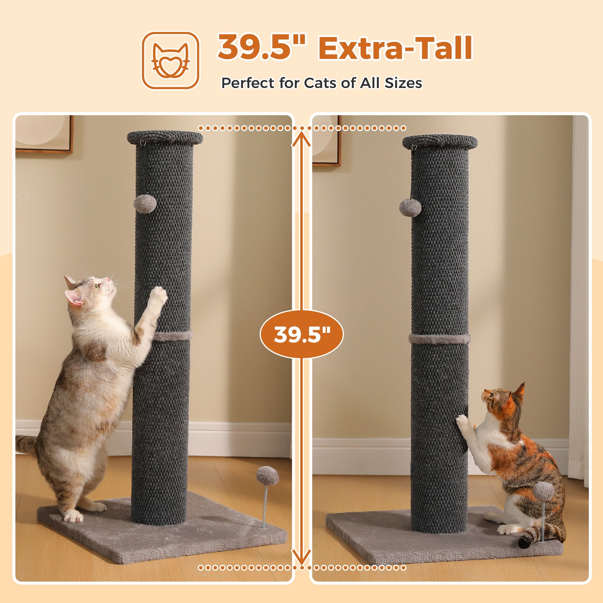 PAWZ Road 40" Tall Large Cat Scratching Post - Durable Polyester Fabric, Wide Stable Base, Dark Gray