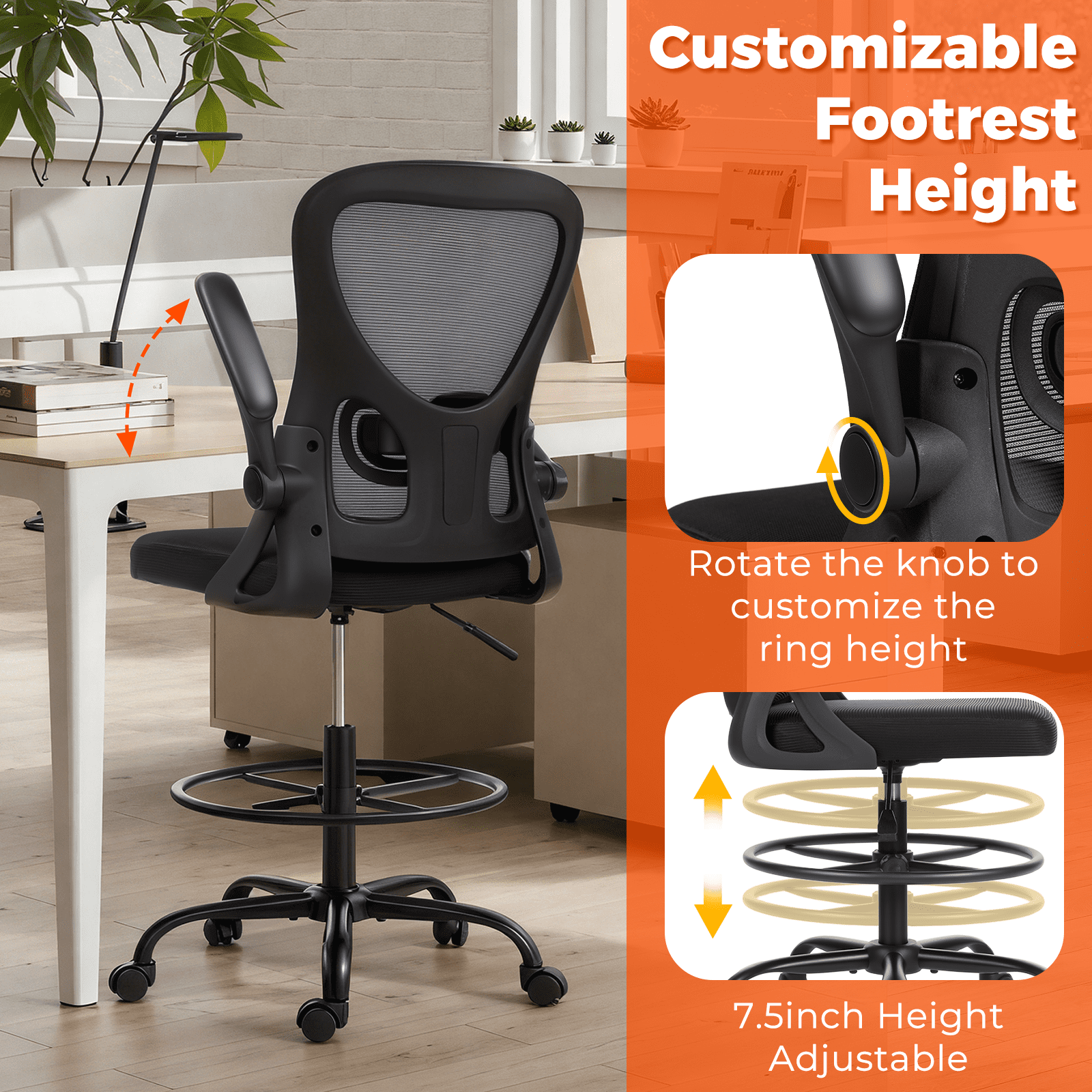 AVAWING Tall Drafting Chair, Breathable Mesh Office Chair, Ergonomic Computer Desk Chair, Black