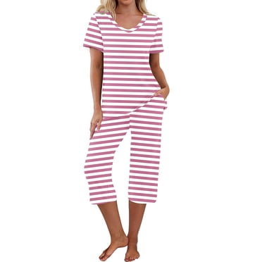 Tnhcen Ensemble de Pyjama en Coton 2 Pcs pour Femmes Été Hauts Col en V avec Pantalons Capri Vêtements de Nuit Ensemble de Maison P-2TG