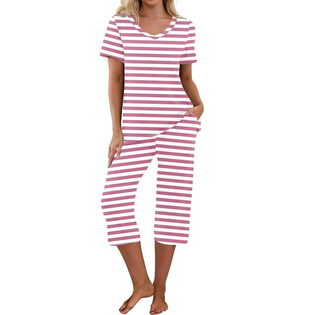 DecSea Ensemble de Pyjama Capri pour Femmes, Manches Courtes, Deux Pièces, Col en V, avec Poches, S-2TG