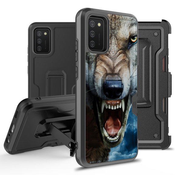 ANJ Rugged Hybrid Shockproof Case w/Kickstand Holster Clip Card Slot Cover for Samsung Galaxy A02S (SM-A025) - Feral Wolf