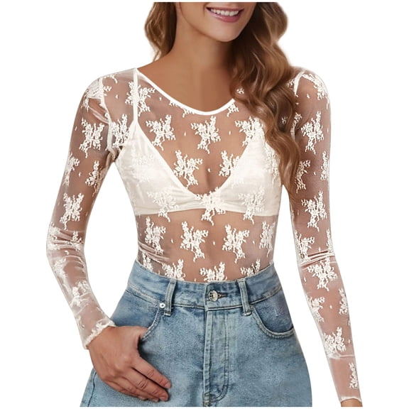 Ltctricy Women's Mesh Lace Tops V Neck Long Sleeve Embroidered See Through Solid Color Slim T Shirts Tight Tee Blouses