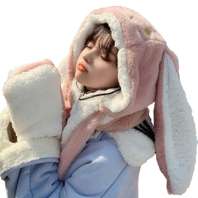 ziyahi Luxuriously Soft Rex Scarf Comfortable And Skin-friendly Winter Rabbit Ear Scarf Hooded Pink