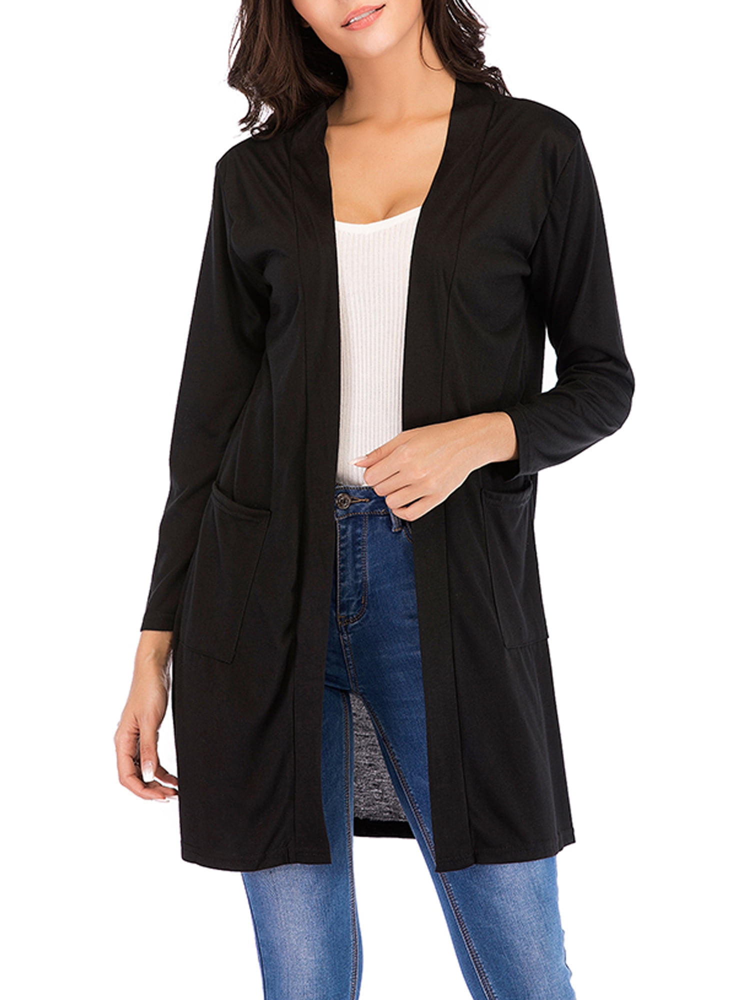 Dodoing Lightweight Kimono Cardigan Long Sleeve Open Front Loose Asymmetrical Hem Sweater,Pocket for Women Black/Navy, Women's, Size: Large