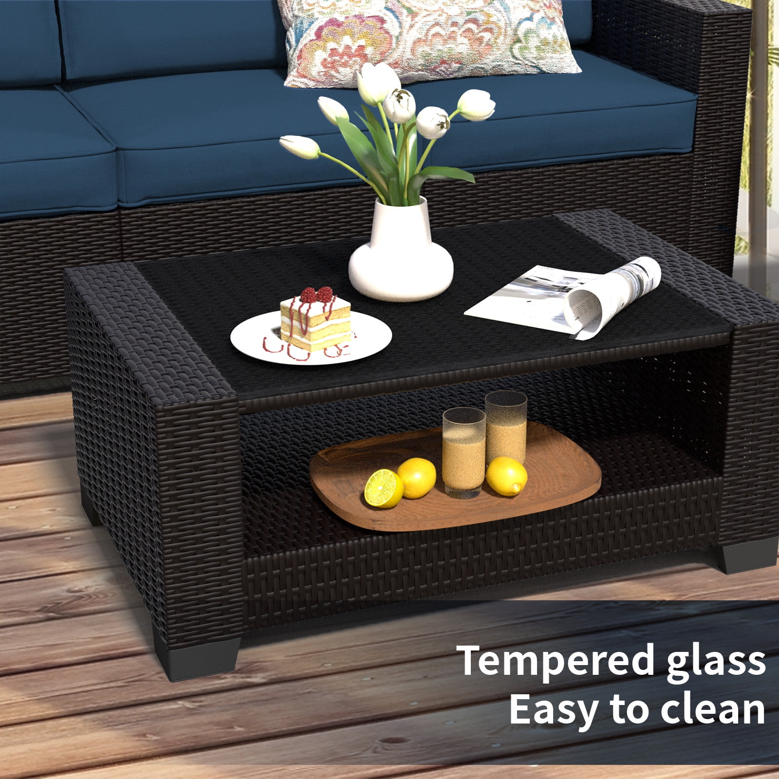 SHGJ&SOFT 7 Piece Patio Furniture Set, Wicker Outdoor Sectional Sofa with Washable Cushion Covers and Tempered Glass Table, Rattan Conversation Set for Poolside
