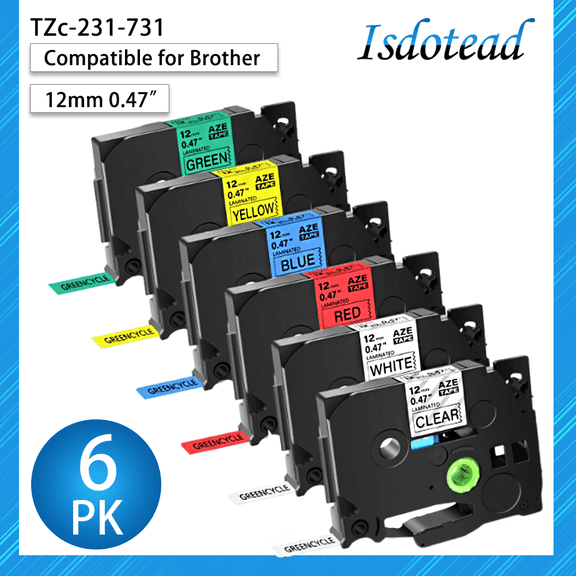 Isdotead 6-Pack Compatible with Brother P Touch TZe TZ Label TapeTZe 131 231 431 531 631 731 12mm 0.47 Laminated (White/Clear/Red/Blue/Yellow/Green) for Ptouch PT-D210 H110 D220 D400 D410 Label Maker