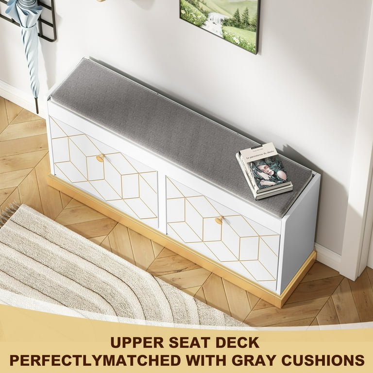 RASOO White Shoe Storage Bench With Grey Cushion - 2 Door Cabinet & Shoe Rack, Entryway Organizer
