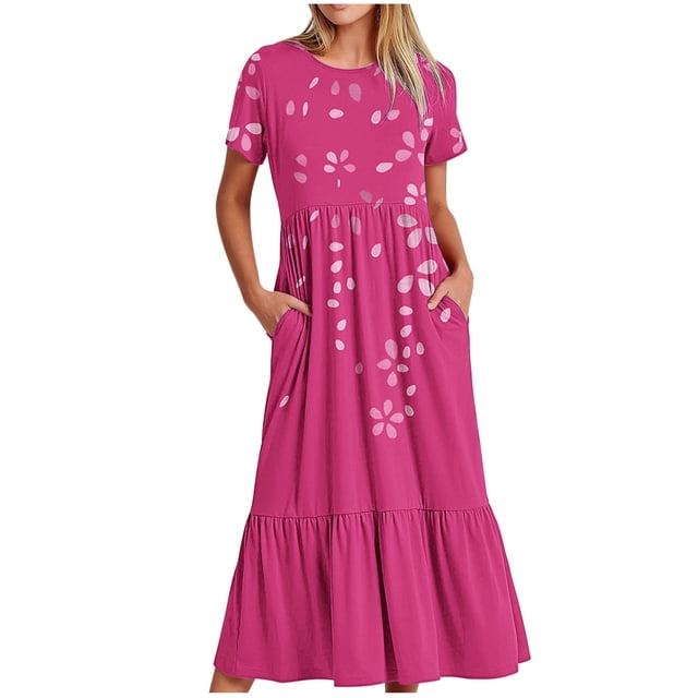Weiqiqre Robe Midi Trapèze à Manches Courtes d'Été pour Femme, Décontractée, à Fleurs, Style T-Shirt, Fluide, de Plage, avec Poches
