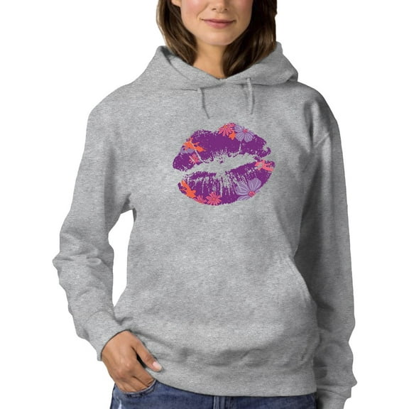 Smartprints Womens Graphic Hoodie Sport Grey - Purple Lips With Floral Pattern Cotton Blend Classic Fit