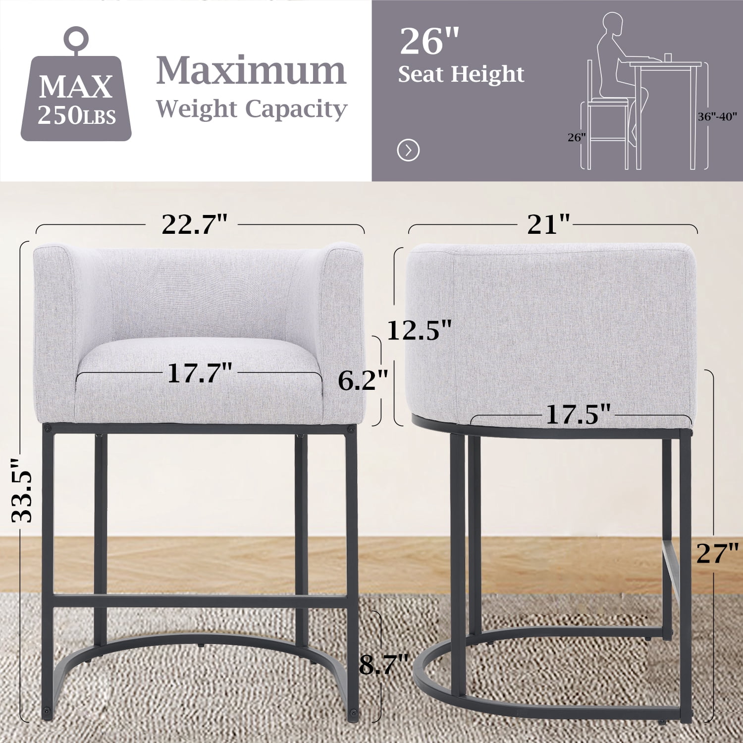 FANCROU 26" H Counter Height Bar Stools Set of 4, Fabric Barrel Stools with Back and Arms, Lightgrey-Black Leg