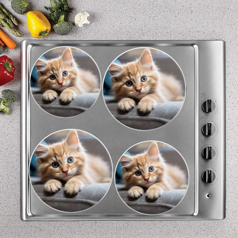 BaHomeck Electric Stove Burner Covers Set of 4,Round Metal Gas Stove Burner Covers 8 Inch and 10 Inch,Kitchen Decor,Adorable Orange Cat With Playful And Curious Expression