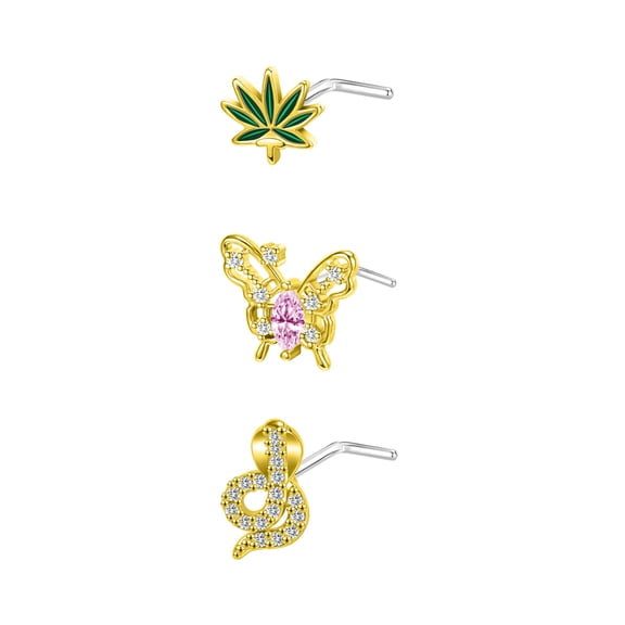 ZS 20G 3Pcs Zircon Nose Studs L Shape Maple Leaf Butterfly Snake Nose Ring Gold Plated Nose Piercing