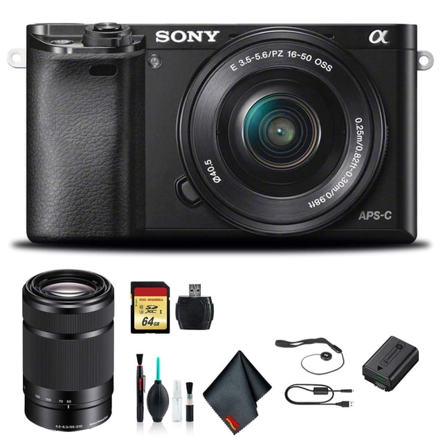 Cámara sin espejo Sony Alpha a6000 ILCE6000Y/B con lentes de 16-50 mm y 55-210 mm con bolsa blanda tarjeta de memoria de 64 GB lector de tarjetas y accesorios esenciales