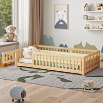 Kumix Floor Bed with Fence Guardrail and Door, Wooden Twin Size Floor Bed with Slats Support for Boys & Girls, Montessori Floor Bed Frame for Bedroom, Floor Bed for Aged 1-3, Natural