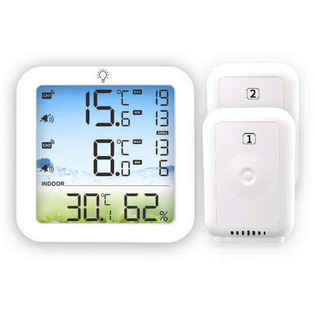 TS-8082 Wireless Indoor/Outdoor Thermometer with Dual Sensors, 3.42" LCD Display, Temperature Alarm, Min/Max Records, Wall-Mountable/Tabletop/Magnetic Design, ABS Material, White (Batteries Not