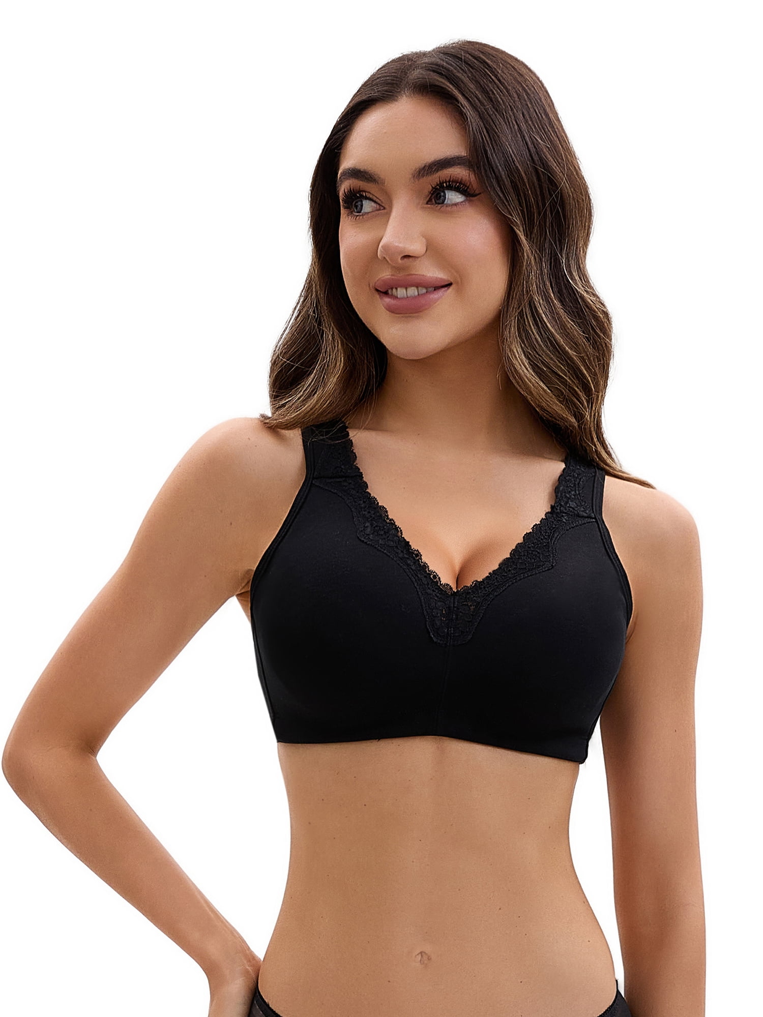 Unique Bargains Women's Lace Trim Full Coverage Adjustable Strap Bras E 36 Black