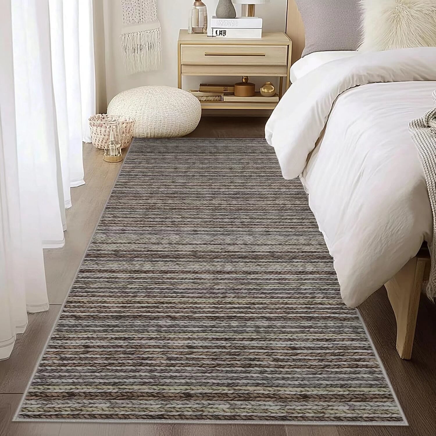 Hasoo Gray 2' x 6' Runner Rugs Washable Soft Modern Striped Rugs for Living Room Printed Braid Carpet Indoor Runners Rugs for Floor Hallway Bedside Entry Rug