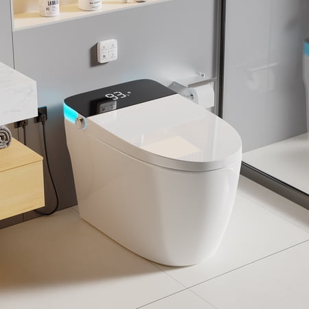 Smart Toilet Seat Heated Bidet with Temperature Display, Night Light, Foot Sensor Flush, Remote Control Flush, Battery Backup, UL Certified Leak Protection, Soft-Close Fireproof Seat, Safe Voltage