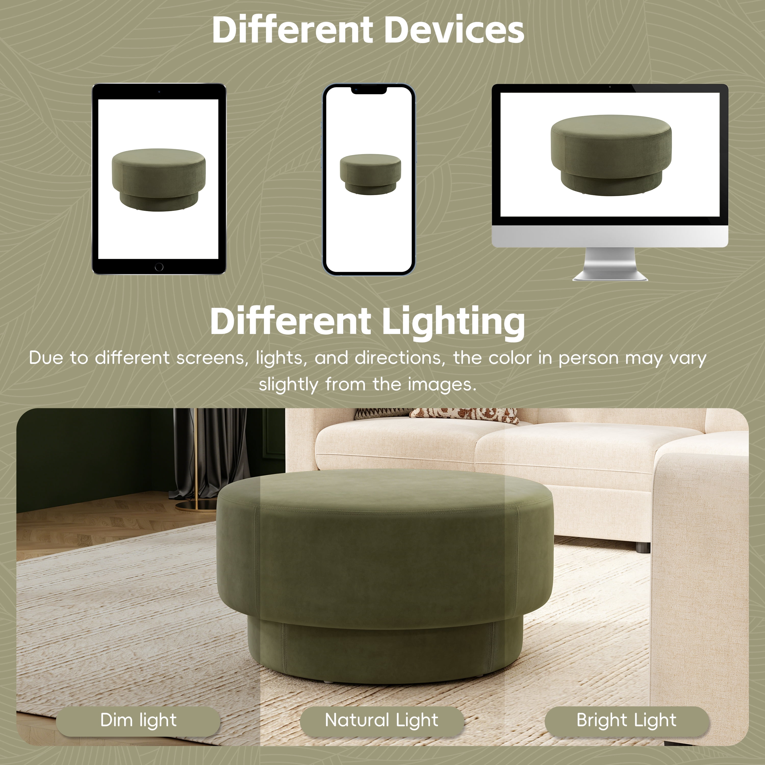 GARITIN Round Ottoman 33 Inch, Modern Double Deck Upholstered Footrest with Velvet Cover for Living Room, Green