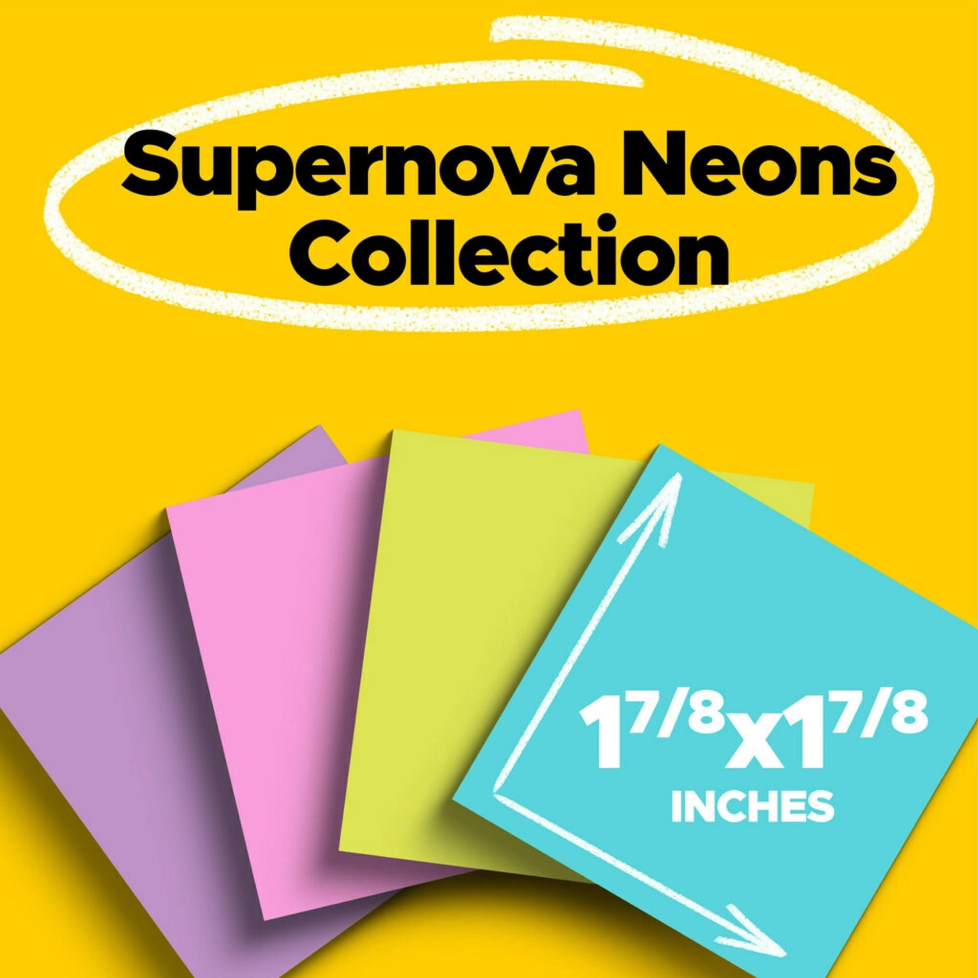 Post-it Super Sticky Notes, 1-7/8 in x 1-7/8 in, 18 Pads, 90 Sheets/Pad, 2x the Sticking Power, Supernova Neons Collecti