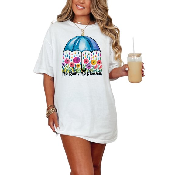 No Rain No Flowers T-Shirt, Colorful Umbrella and Floral Art Tee, Inspirational Quote Shirt, Positive Vibes Graphic Tee, White Comfort Colors T-Shirt, Small