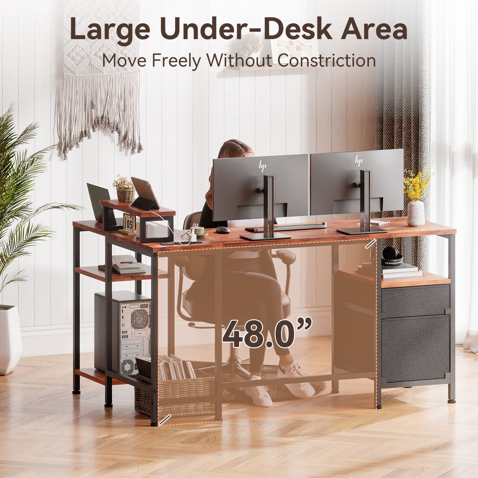 Satifur L Shaped Desk with Power Outlets, 50" Computer Desk with File Drawer, Home Office Desk with Printer Stand & Storage Shelves, Corner Desk, Rustic Brown