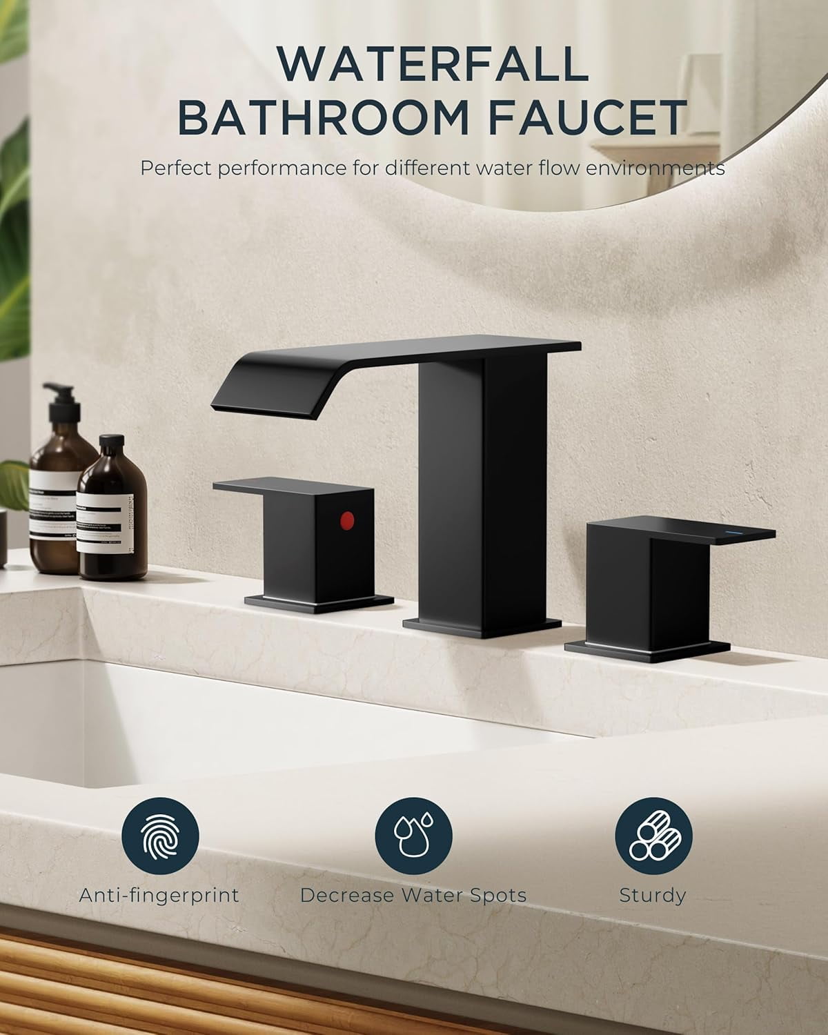 Bathroom Faucets 3 Hole,Matte Black 8 Inch Widespread Bathroom Sink Faucet Waterfall Spout, with Pop Up Drain and Water Supply, Suitable for Vanity Rv Commercial Lavatory Restroom