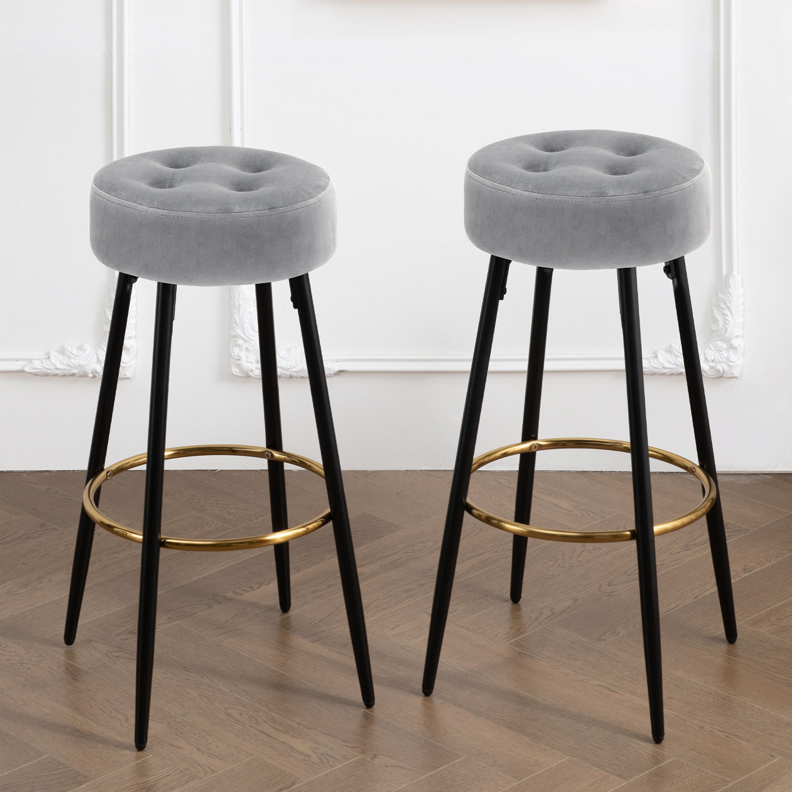 Furniliving Modern 30" Grey Velvet Round Bar Stools Backless Kitchen