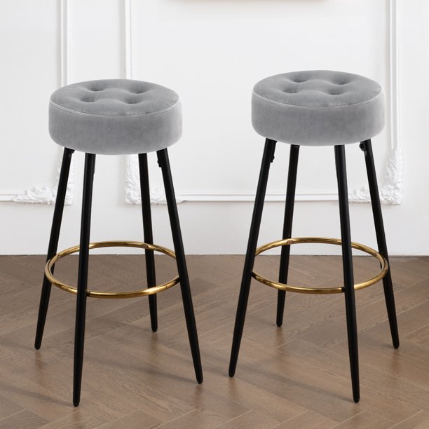 Furniliving Modern 30" Grey Velvet Round Bar Stools Backless Kitchen