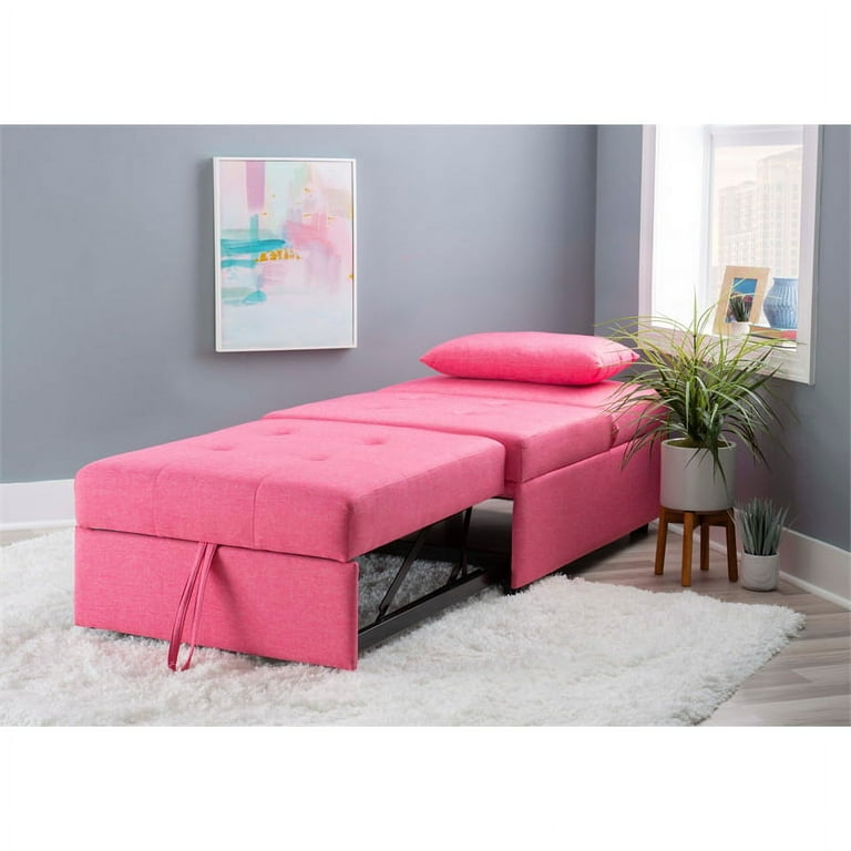 Linon Boone Upholstered Tufted Convertible Chair to Sofa Bed Pillow Hot Pink