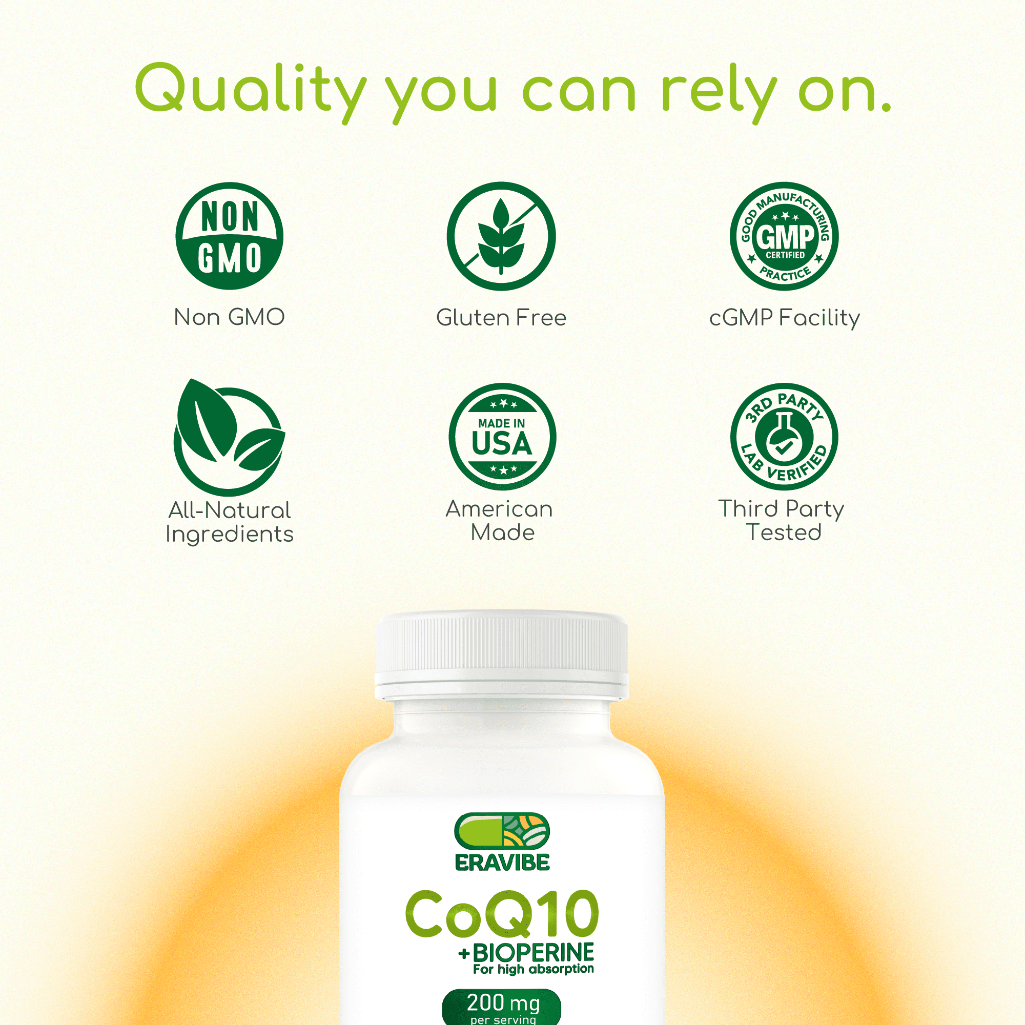 Eravibe CoQ10 200mg with Bioperine, High Absorption Antioxidant Supplement, 60 Veggie Capsules