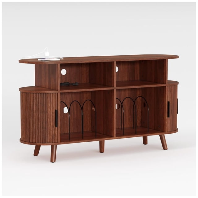 Ourlova 55 Inch Fluted Mid Century Modern Turntable Cabinet with Vinyl Storage Large Round Record Player Stand with Charging Station and Display Shelf Arched Wood Record Player Table
