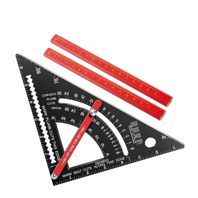 7 Inch Carpenter Square, 80 Angle Adjustable Aluminum Alloy Triangle Square Rafter with 2 Pencils, HIP VAL and COM Functions, Rafter Square for Roofing, Wood Cutting, Home Decor