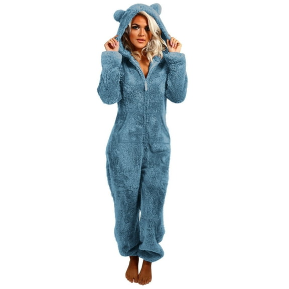 FNFYFH Fleece Onesie Pajamas for Women Fuzzy Sherpa Hooded Romper One Piece Winter Sleepwear Flannel Pajama Jumpsuit
