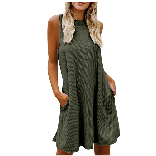 Robes d'Été Grande Taille pour Femmes 2024 Printemps et Col Suspendu Jupe Grand Dos Col Rond Sans Manches Robe Économisez jusqu'à 65 %!
