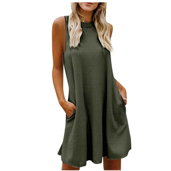 Wycnly Womens Dresses Breathable Comfy Casual Loose Swing Pocket Tank Mini Dresses Summer Solid Round Neck Sleeveless Formal Short Dress Army Green l