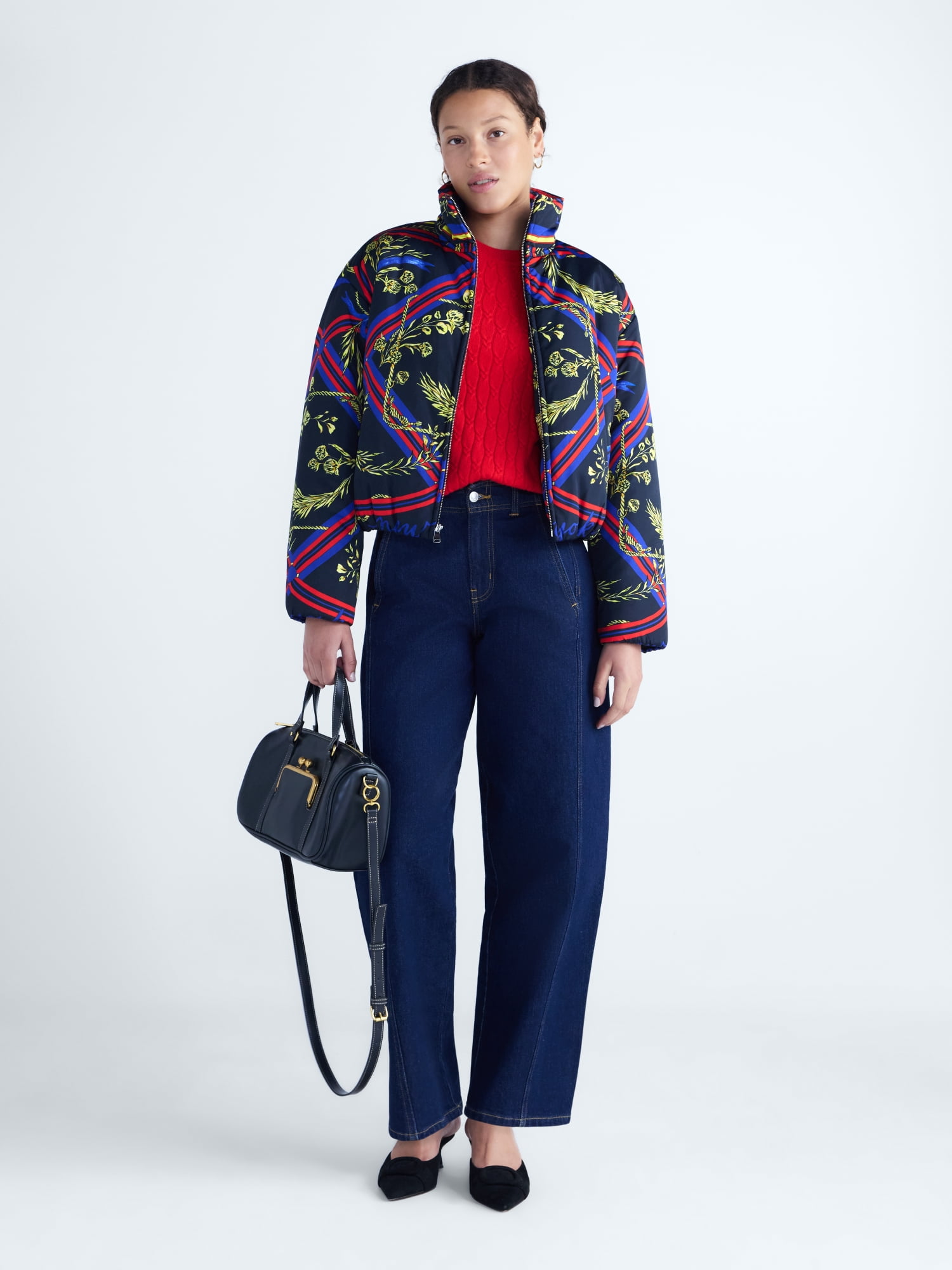 Free Assembly Women's and Women's Plus Scarf Print Balloon Puffer Jacket, Sizes XXS-4X
