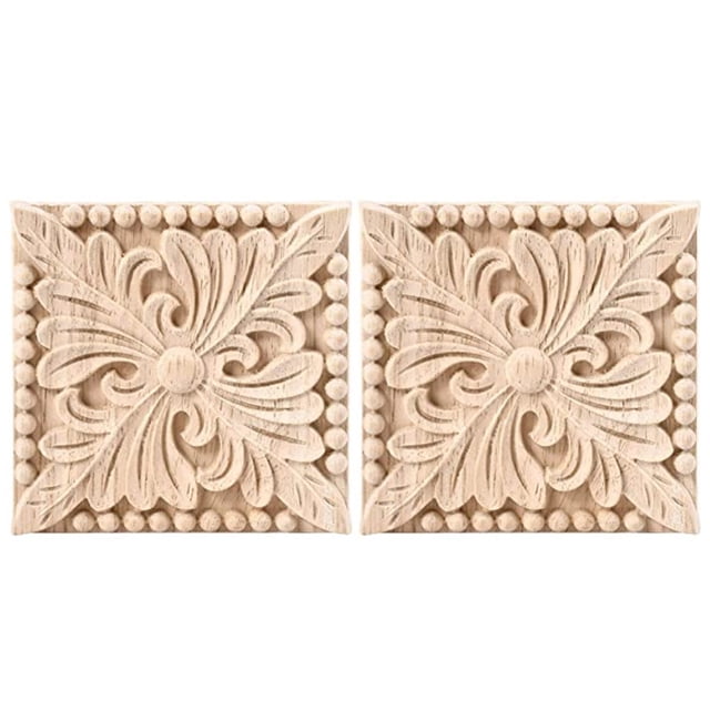 Paquete de 2 Apliques Madera Tallada, CalcomaníA Talla Cuadrada, Sin Pintar, Puerta Flores, Armario, DecoracióN Muebles, 3,94X3,94 Pulgadas