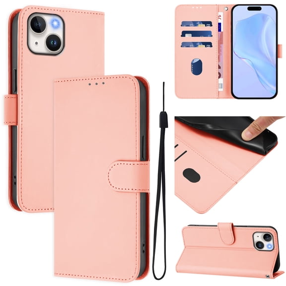 Wallet Case Compatible with iPhone 15 with Card Slot/Holder,PU Leather Flip Folio Shell [Magnetic Closure][Wrist Strap][Kickstand] Phone Cover Shockproof For iPhone 15,Pink