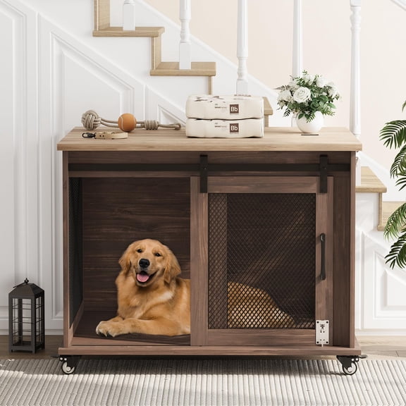 Kojooin Dog Crate Furniture with Flip Top, 37" Dog Cage Furniture with Sliding Barn Door, Wheels and Removable Divider, Furniture Style Dog Crate Table, Indoor Dog Kennel for Large Dogs