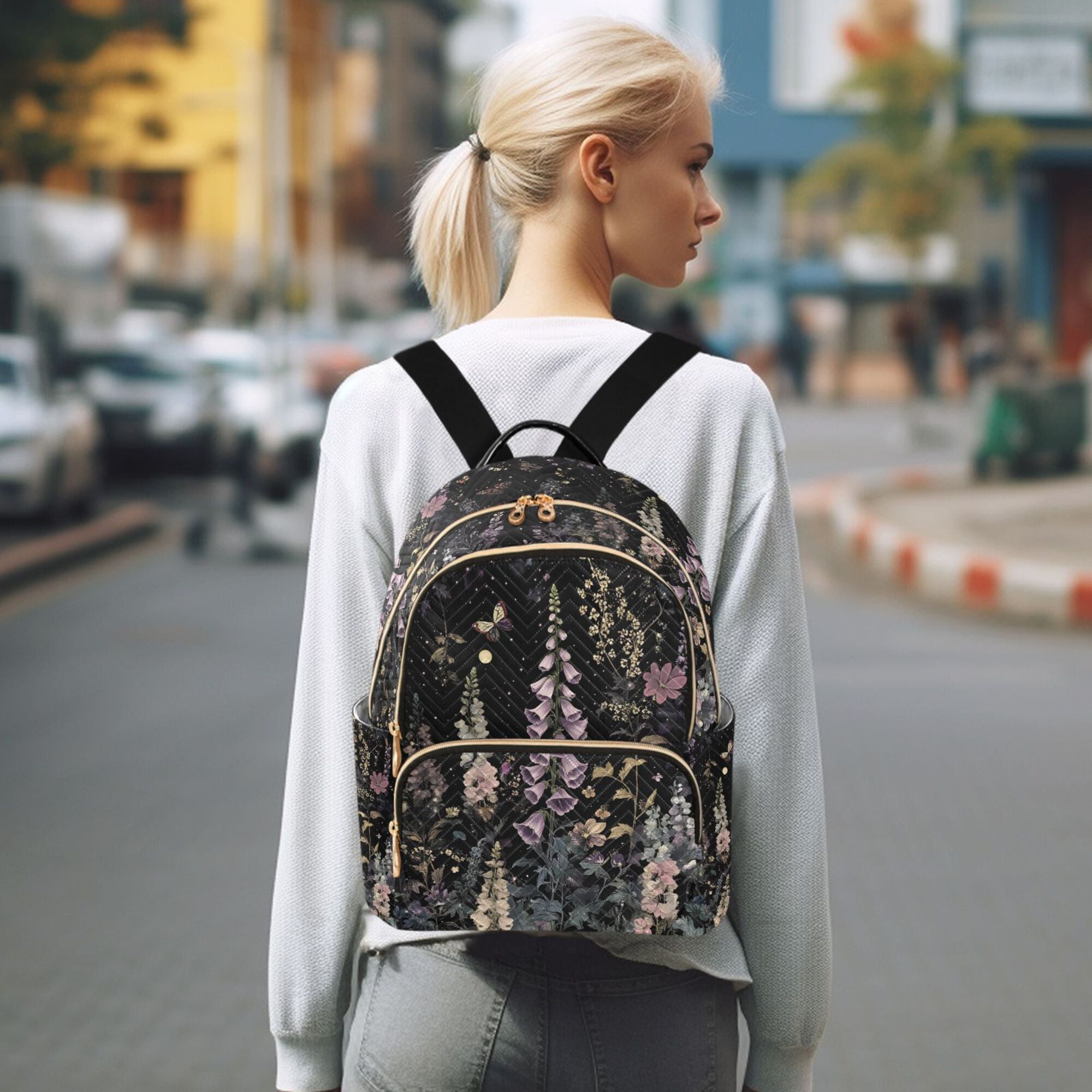 FORMRS Mini Backpack Purse for Women Travel Daypack Casual Shoulder Bag, Dark Flowers Pattern