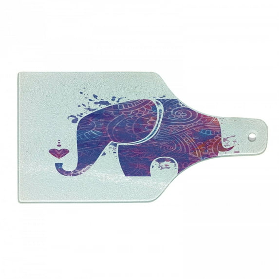 Yoga Cutting Board, Floral Elephant Silhouette with Color Splatters and a Little Heart, Decorative Tempered Glass Cutting and Serving Board, in 3 Sizes, by Ambesonne