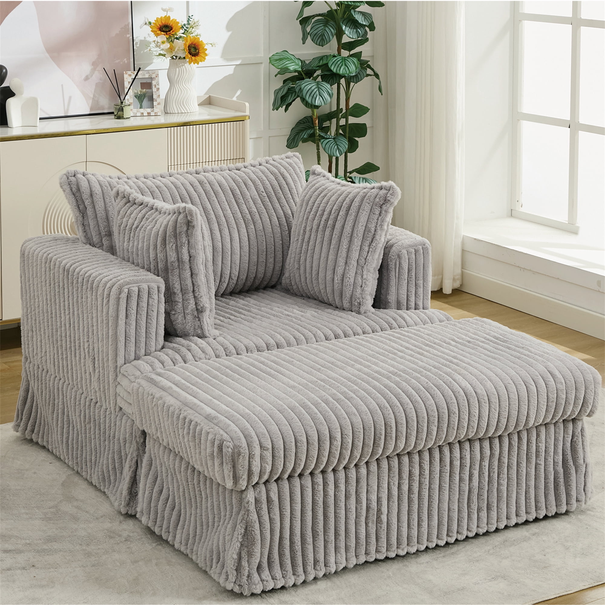 Aukfa 48" inch Chaise Lounge, Oversized Sofa Chair with Ottoman, 3 Pillows, Corduroy, Light Gray