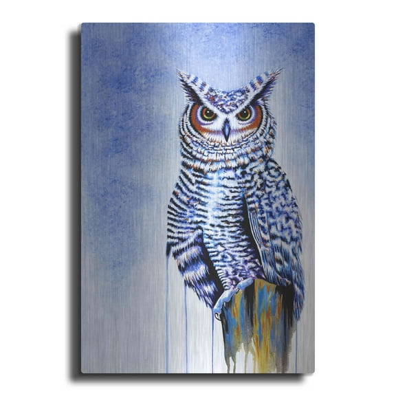 Luxe Metal Art 'Great Horned Owl In Blue' by Michelle Faber, Metal Wall Art, 24"x36"