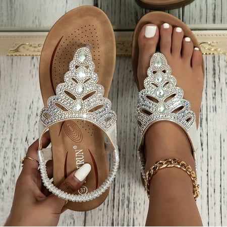 

ãYilirongyummã Silver 38 Sandals Women Sandals For Women Comfort With Elastic Ankle Strap Casual Bohemian Beach Shoes Fashion Rhinestone Decor Scallop Trim Thong Sandals